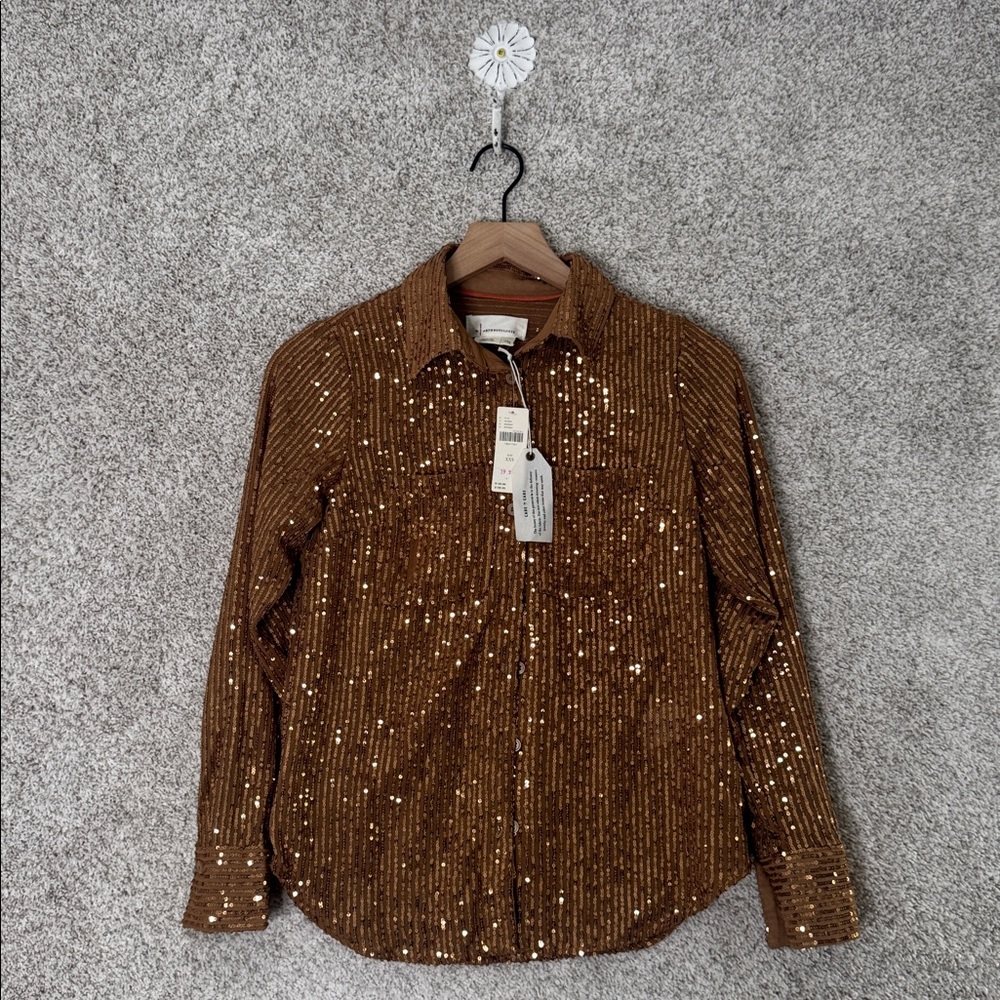 Anthropologie women’s‎ XXS bronze copper sequins button front blouse top